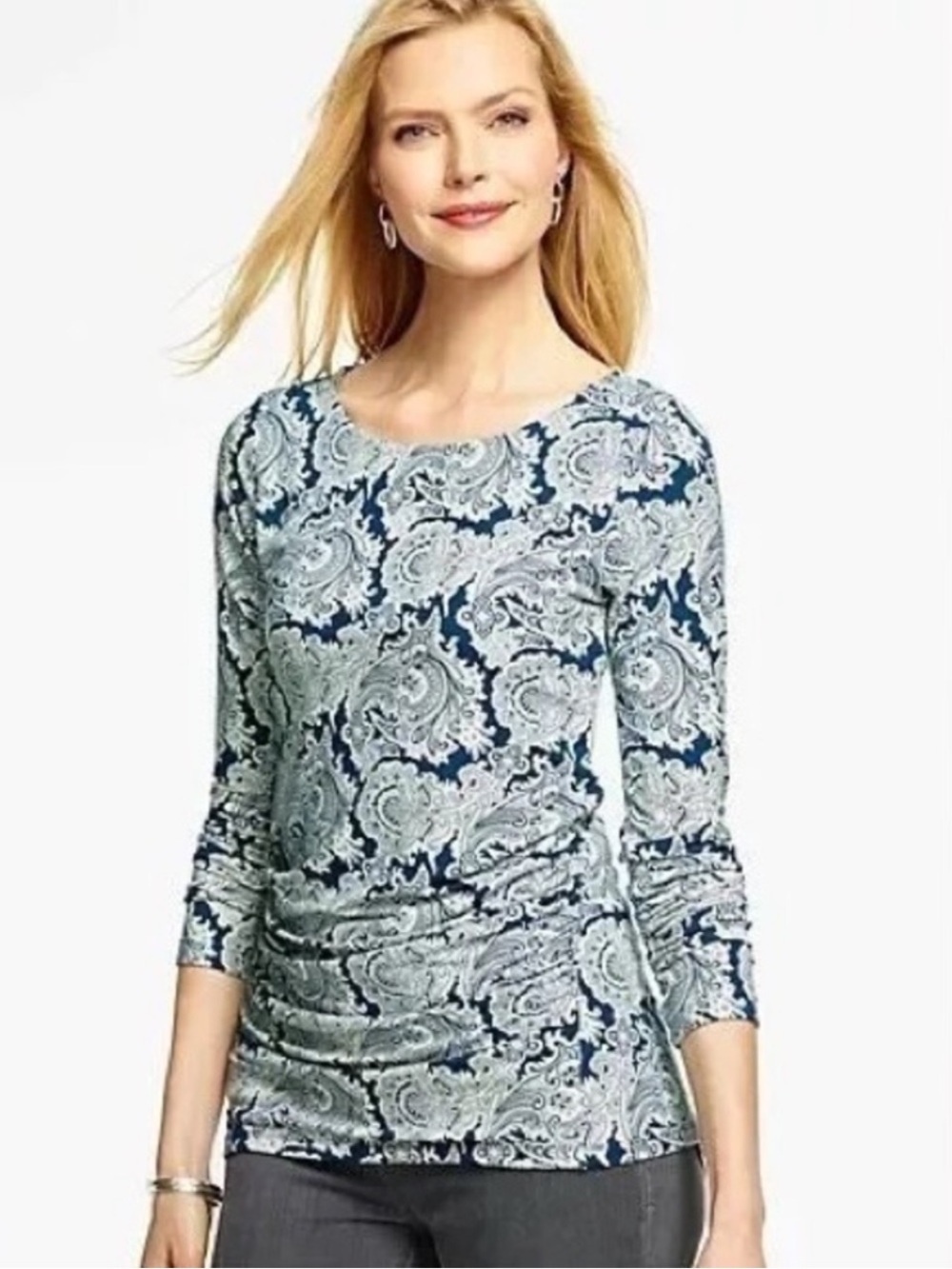 Talbots Womens Top Side Ruching Paisley Blue Long Sleeve Slinky Large Coastal